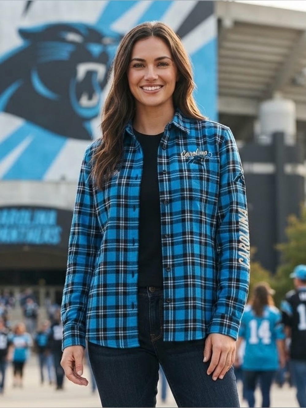 NFL Team Apparel Carolina Panthers Plaid Flannel Button-Down Shirt Women’s XL